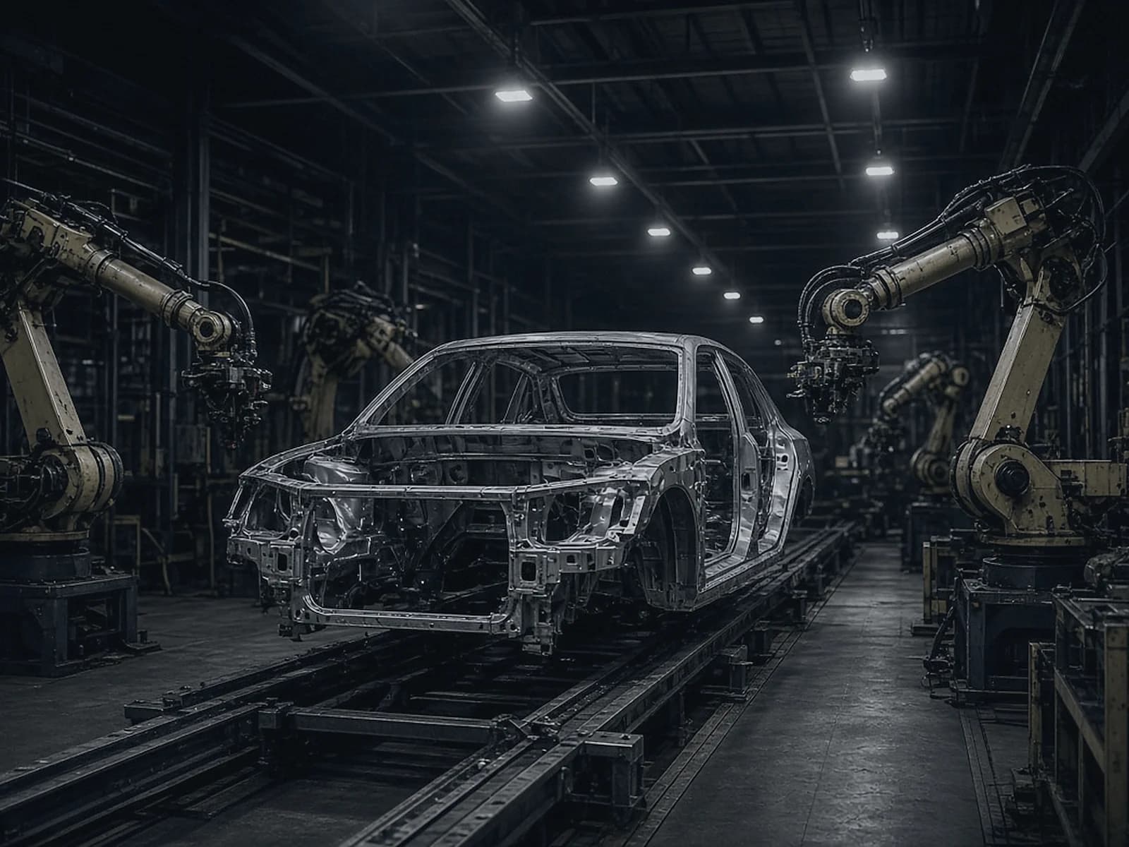 A bare car body on an assembly line under work lights, robot arms reaching in from both sides.