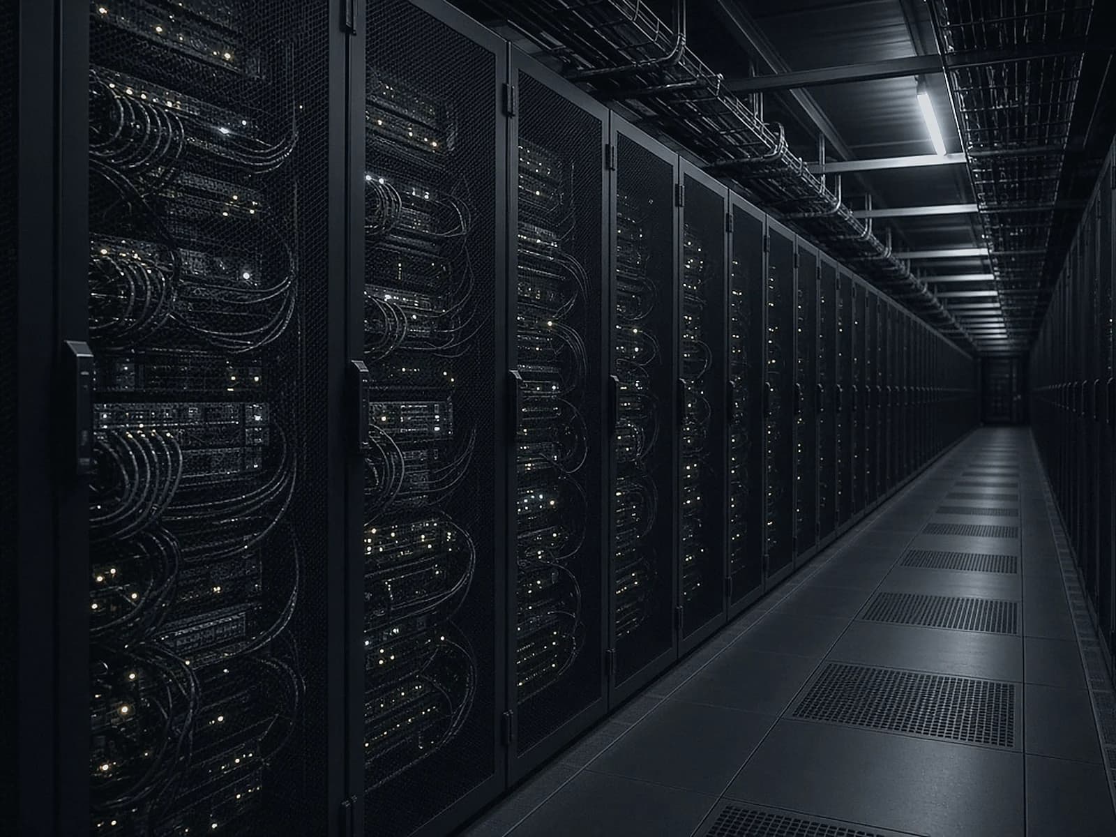 An aisle in a server hall: cabinet doors and looped cable bundles running away down the row, small status lights on every rack, one strip light overhead.
