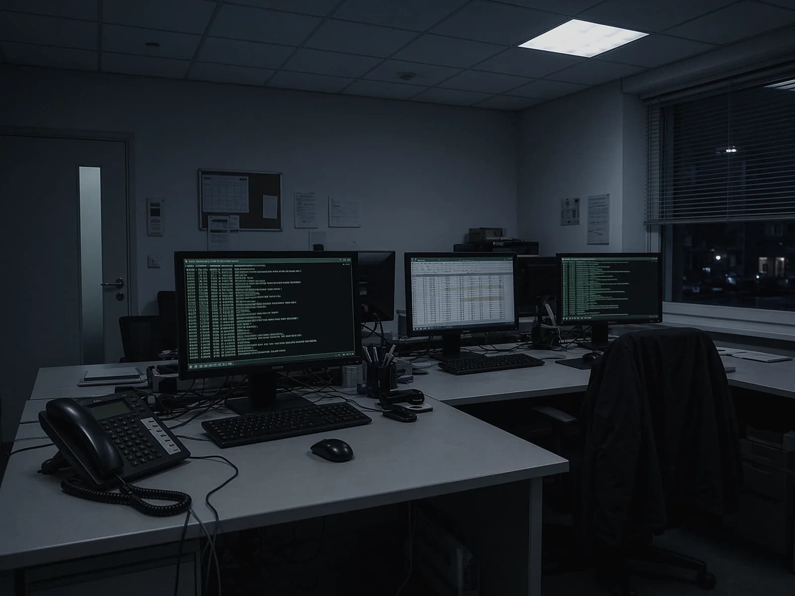 A back office at night: three monitors across a desk, two showing green terminal output and one a spreadsheet, a desk phone in the foreground and a jacket left over the chair.