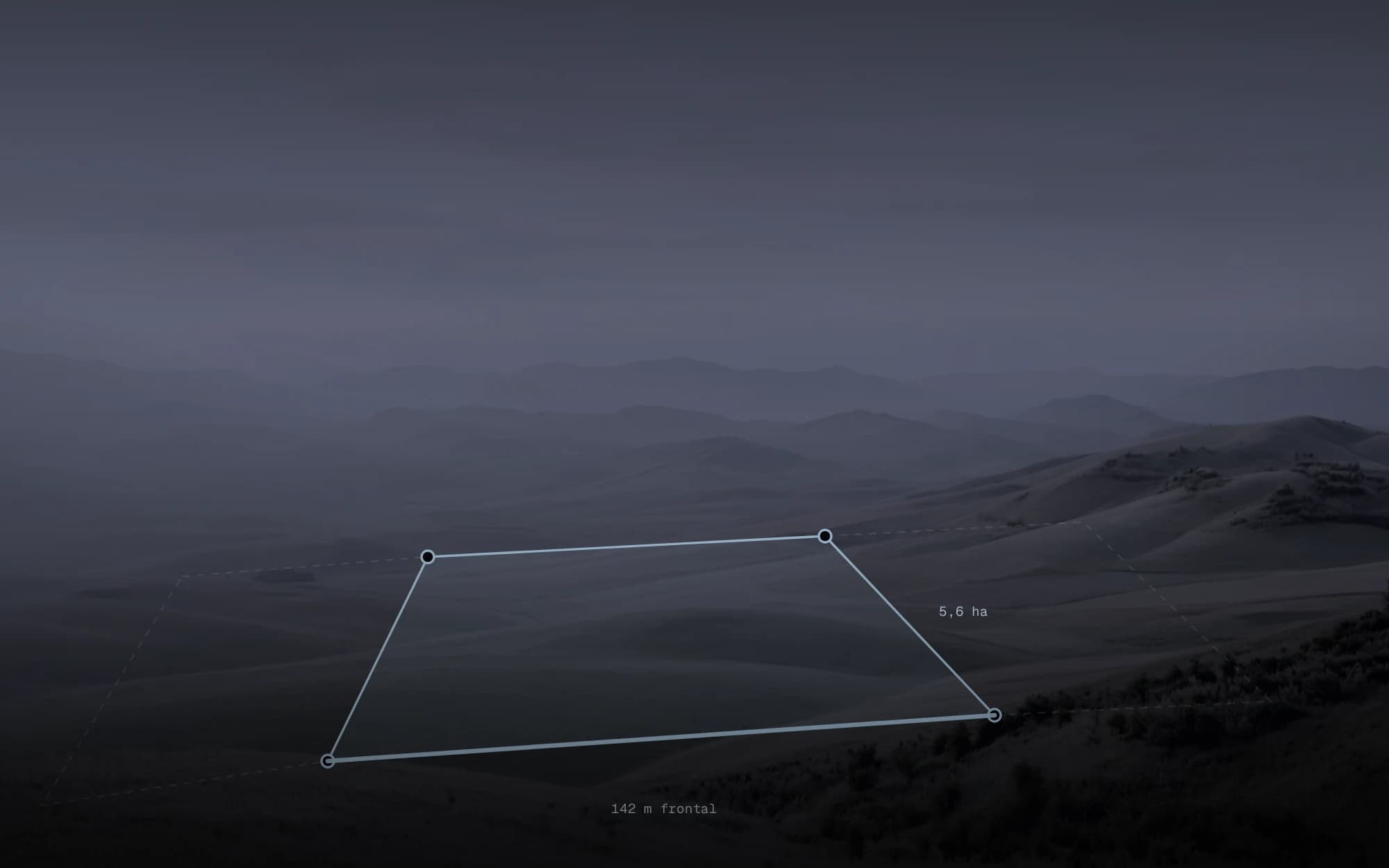 Farmland at dusk, dark and still, with a plot boundary drawn across the ground plane — its area and road frontage measured in the corner.