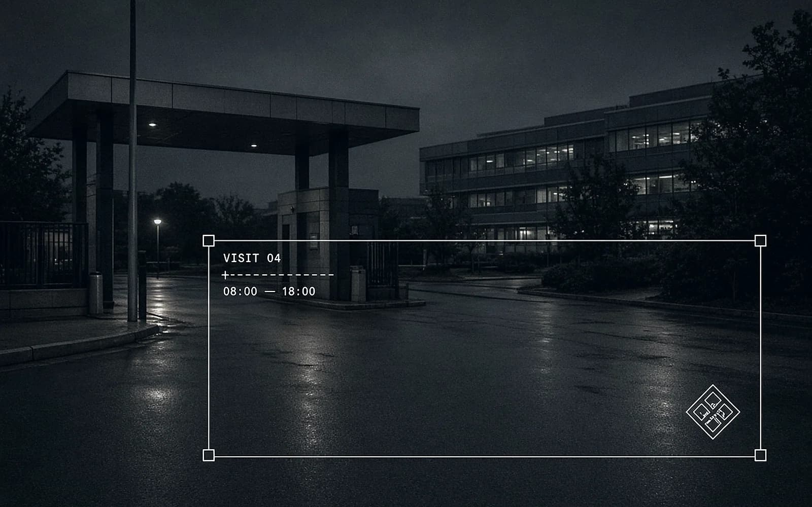 An office campus gate at night after rain, the canopy and the lit windows behind it, with a visit's validity window drawn across the frame as a thin overlay.