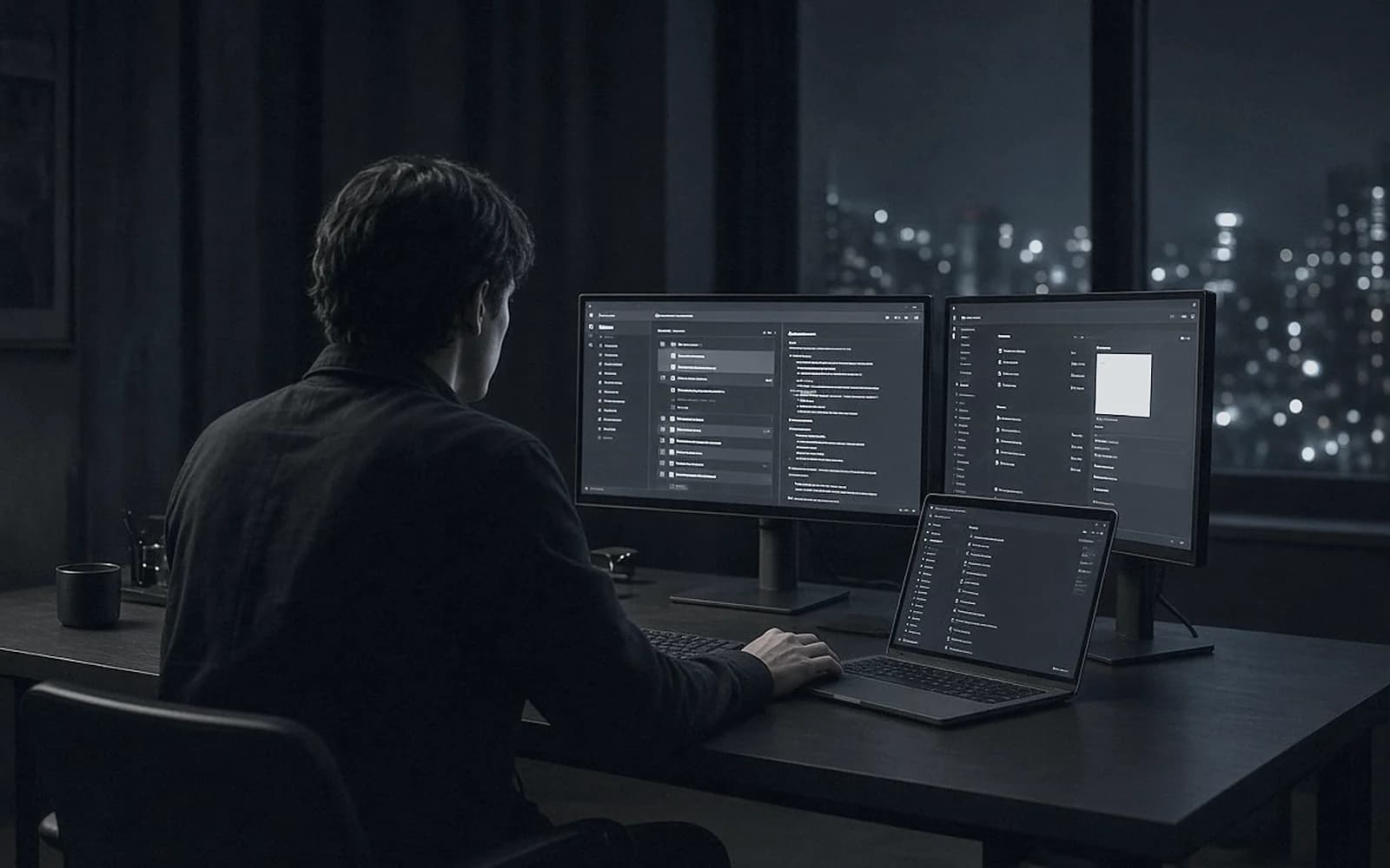 A person seen from behind at a desk late at night, working across two monitors and a laptop, city lights out of focus through the window behind them.
