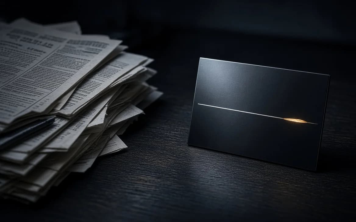A dark desk: a heap of printed pages on the left, and on the right a single matte black card standing on its own, one thin line of light drawn across it.