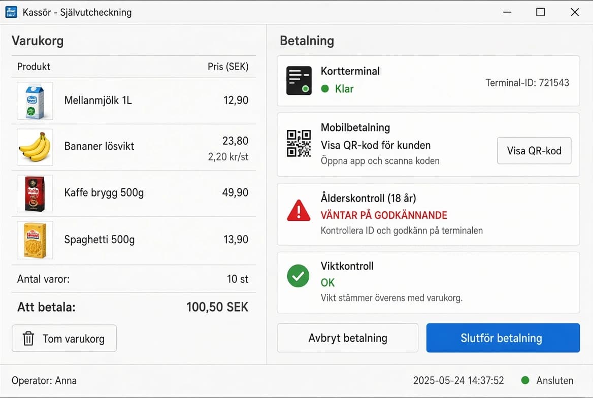 A self-checkout operator window: the basket on the left with four grocery lines and a total in Swedish kronor, and on the right the payment panel — card terminal ready, a mobile payment QR option, an age check waiting for approval, and a weight check that has passed.
