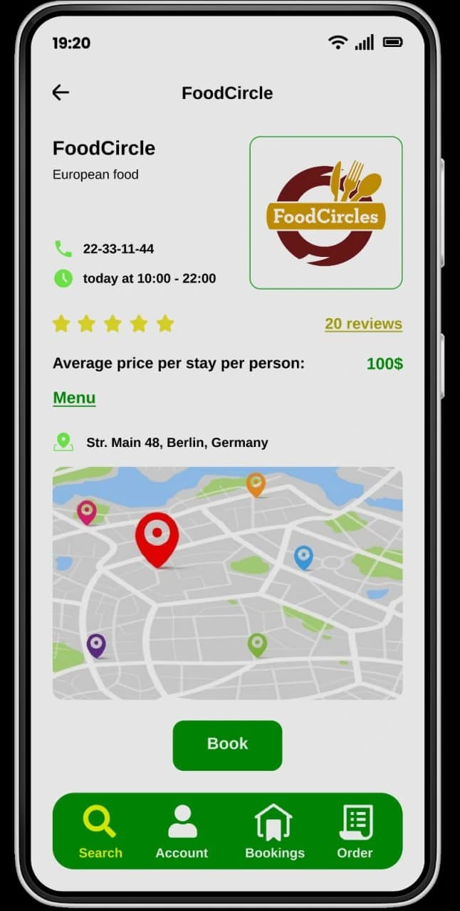 The venue screen on a phone: the restaurant's name and cuisine with its logo, phone number and today's hours, a star rating and review count, average price, a menu link, the address and a map with the venue pinned, and a Book button.